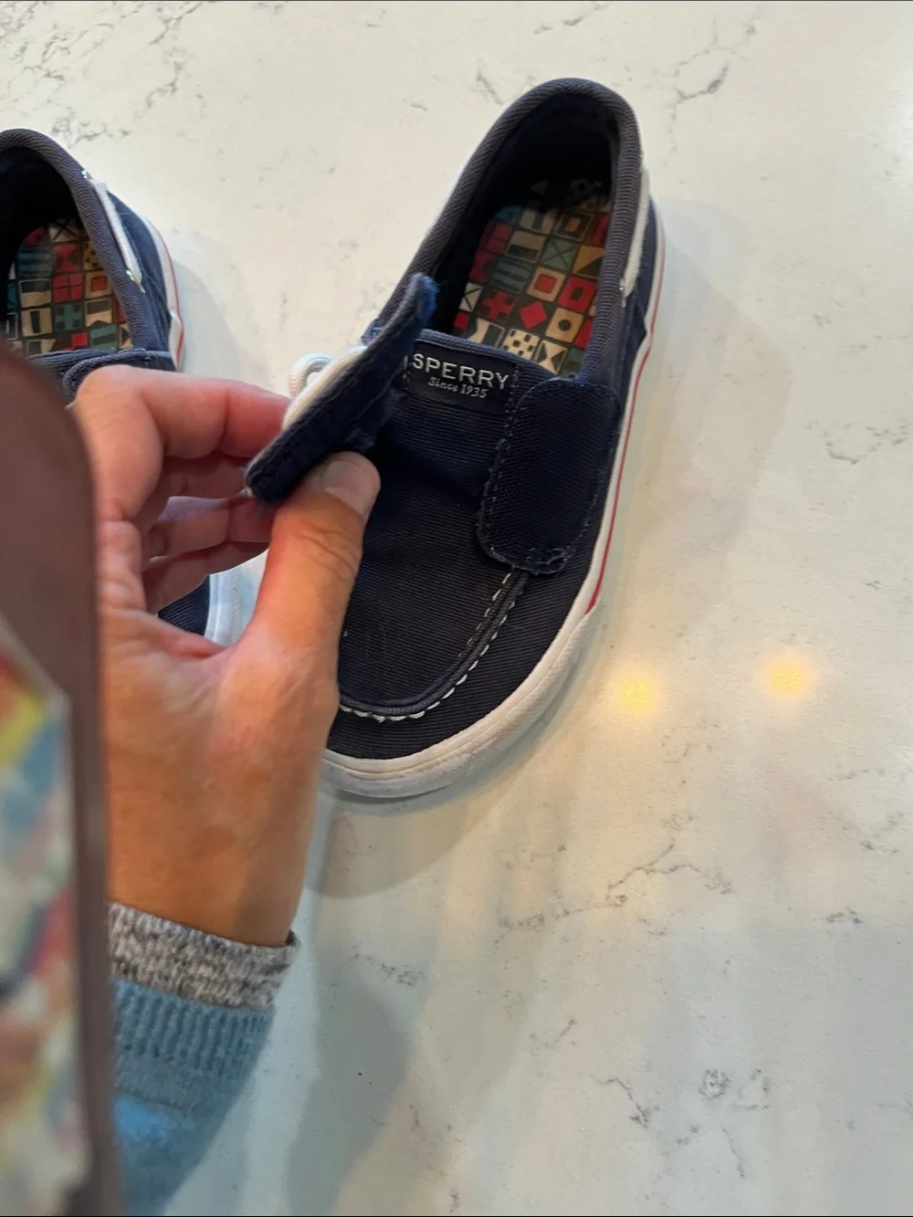 Kids Sperry Navy Canvas Boat Shoes with White Laces